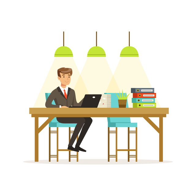 Smiling businessman in a suit working with laptop in the open space office vector Illustration