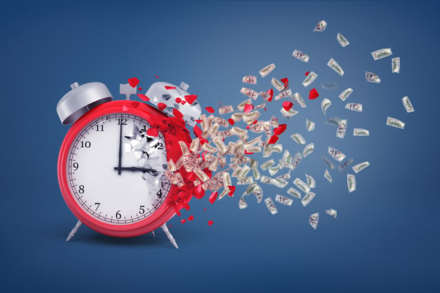 3d rendering of a large red retro alarm clock stands partially crumbled with its pieces turning into dollar bills.